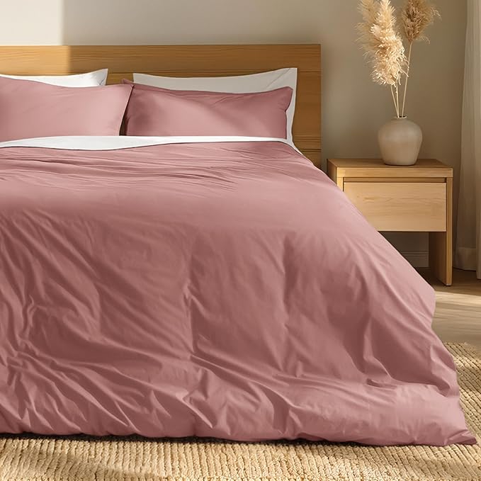 Bare Home 100% Organic Cotton Extra Long Duvet Cover Set - Crisp Percale Weave - Lightweight & Breathable - Cooling Duvet Cover Set (Twin/Twin XL, Dusty Rose)