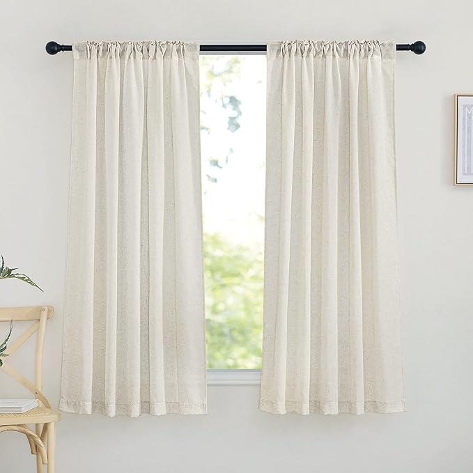 NICETOWN Natural Linen Curtains for Bedroom 63 inches Long, Rustic Rod Pocket & Back Tab Semi Sheer Privacy Added Window Treatments Light Filtering Drapes for Kids Room, W42 x L63, 2 Panels