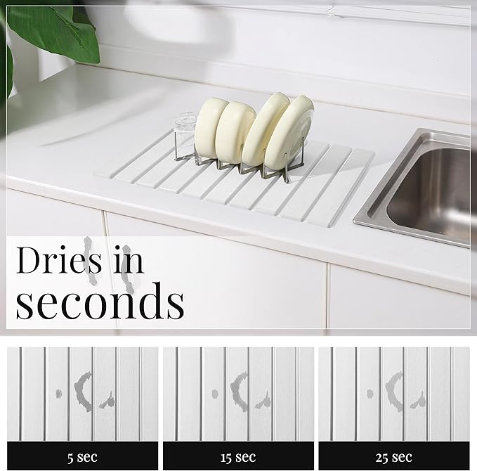 Diatomaceous Stone Dish Drying Mat with Collapsible Rack | Steel Rack, Quick Dry, Space Saving, Foldable Dryer, Kitchen Counter Set