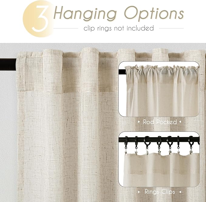 Faux Linen Beige Curtains 54 inches Long for Living Room Rustic Farmhouse Linen Drapes Semi Sheer Burlap Textured Canvas Cloth Curtain Panels Set of 2 Kahki Tan Colored