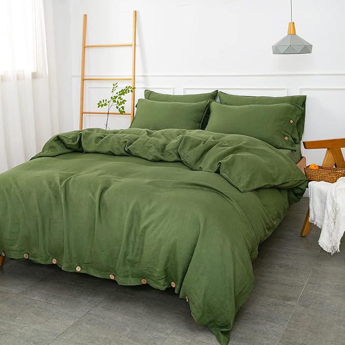 S VICTORY SYMBOL 100% Organic Linen Duvet Cover Set King Size 3pcs,Natural French Washed Flax Comforter Cover 106"x92"(1 Duvet Cover and 2 Pillowcases) Coconut Button Closure (Juniper Green)