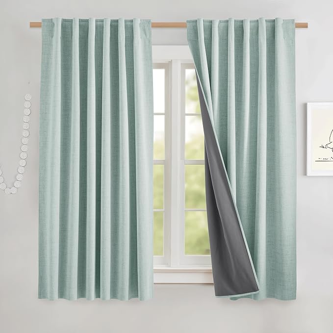 NICETOWN Seafoam Green Short 100% Blackout Curtains 63" Lenghth Burg for Kitchen, Burlap Linen Drapes with Thermal Insulated Grey Liner, Keeping Out Cold Air and Heat Panels (Set of 2, 52" Width)