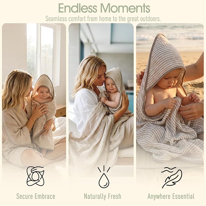 Ultra-Soft Muslin Baby Towel - 32 x 32 Inches, Ideal for Bath & Beach, Suitable for Both Boys & Girls from Newborns to Toddlers(Warm Brown Striped)