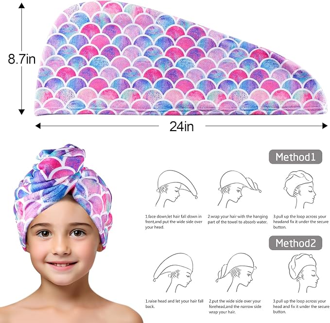 MADHOLLY Fast Drying Microfiber Hair Towel for Kids Women - 2 Packs Soft Super Absorbent Hair Towel Wrap with Button, Anti-Frizz Turban for Thicker Curly Long Hair, Mermaid Gift for Girls
