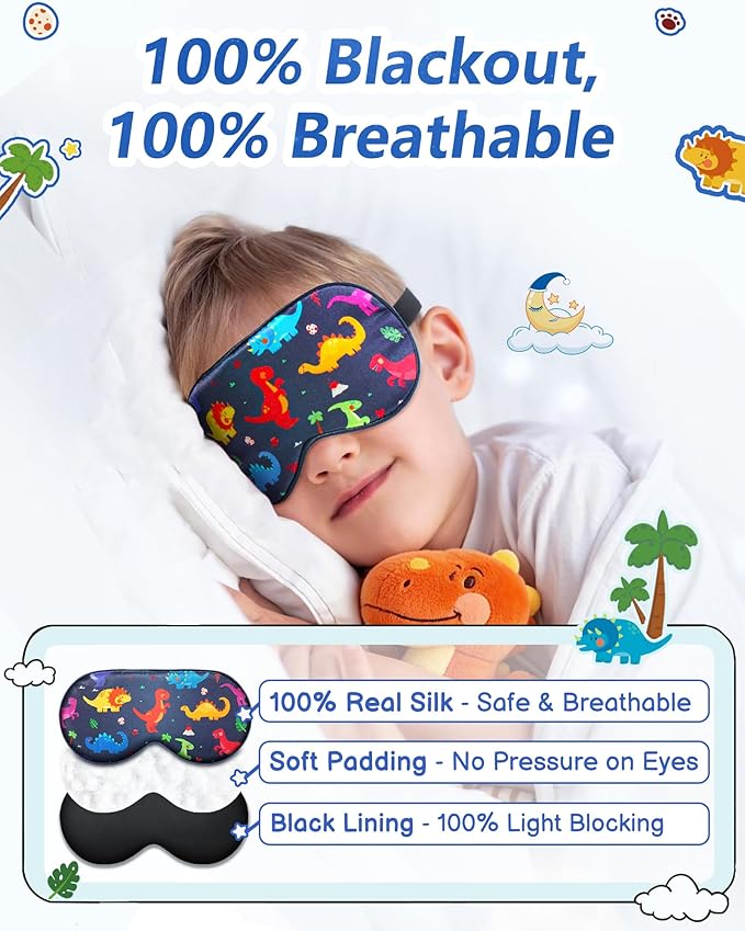 BeeVines Kids 100% Real Mulberry Silk Sleep Mask 2 Pack, Original Design Pure Silk Sleeping Eye Masks for Boys, Skin-Friendly Blackout Eye Cover, Adjustable Strap, Reduce Puffy Eyes, for Travel Gifts