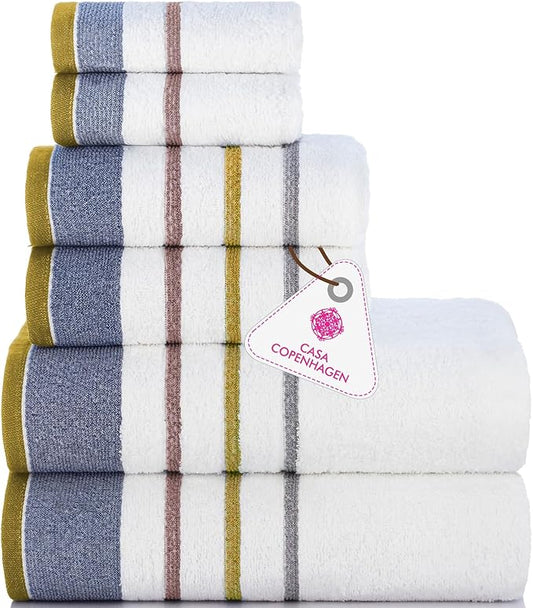 CASA COPENHAGEN White Bay 6Pcs 100% Egyptian Cotton Large Designer Towels Gift Set- Silver Grey - Charcoal, 600GSM, 2Bath 2Hand 2Washcloths, Bath Towels for Bathroom (Gift Set for Women & Men)