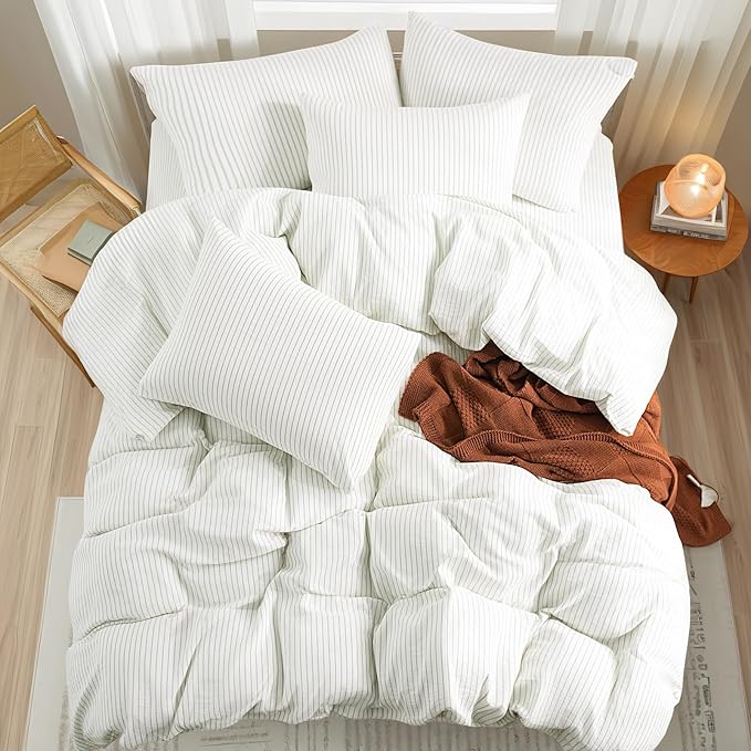 NEXHOME PRO Striped Duvet Cover Oversized King,100% Washed Cotton Bedding Set,Textured Linen Feel,Breathable,Organic,3 Piece(Green Stripes 120x98)