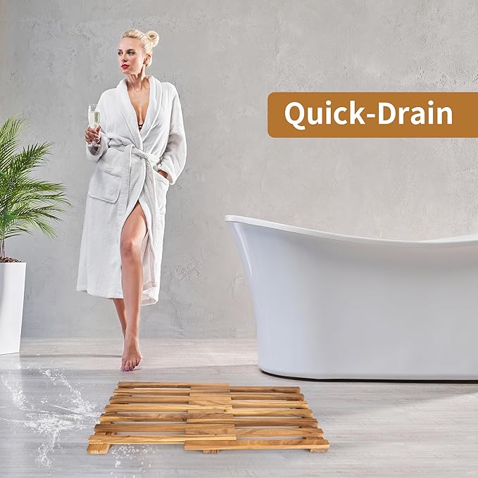 21"x14"Teak Shower Mat – Solid Non-Slip Bathtub & Shower Mat, Natural Wooden Bathroom Floor Mat, Bath Mat for Spa, Sauna Room, Pool, Indoor & Outdoor Use