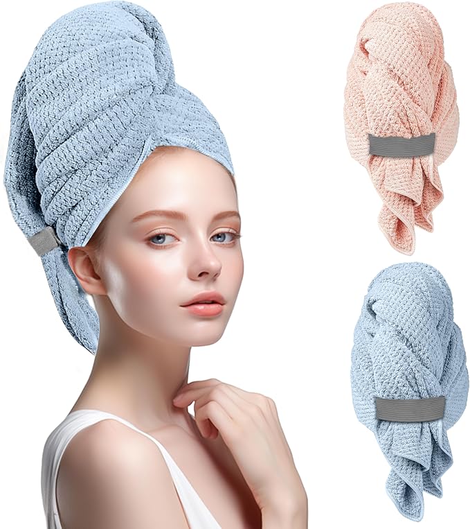 2-Pack Microfiber Hair Towel - 39" x 24" Super Absorbent, Fast Drying Hair Towel Wrap for Women Long, Curly Hair - Turbans with Elastic Strap for Morning Routine & Makeup
