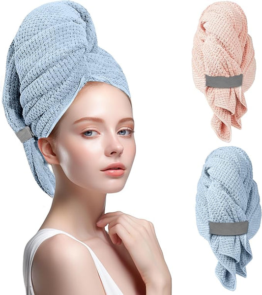 2-Pack Microfiber Hair Towel - 39" x 24" Super Absorbent, Fast Drying Hair Towel Wrap for Women Long, Curly Hair - Turbans with Elastic Strap for Morning Routine & Makeup