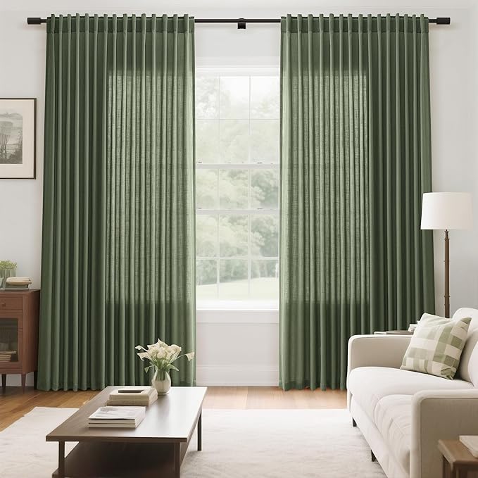 Nanspring Olive Green Linen Sheer Curtains 54 Inch Length 2 Panel Set Back Tab Rod Pocket Semi Sheer Light Filtering Short Curtain Soft Elegant Aesthetic Small Window Drapes for Bathroom 52x54