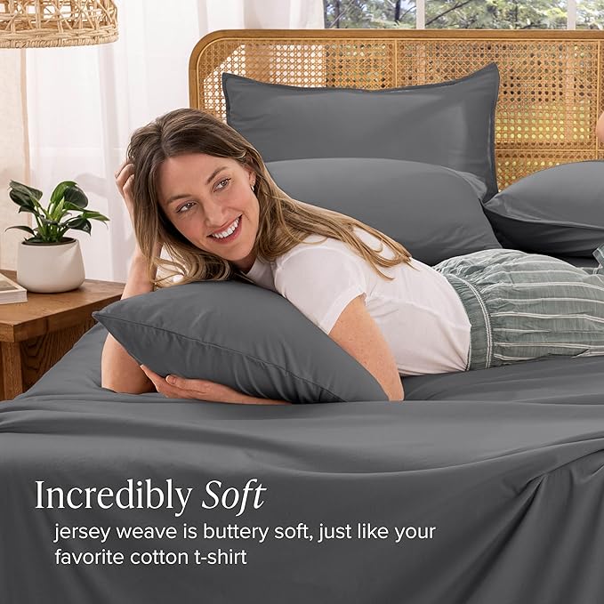 Bare Home 100% Organic Cotton Jersey Sheet Set, Ultra Soft, 100% Cotton - Sheet Set & Pillowcase - Deep Pocket Bed Sheets (Twin, Grey)