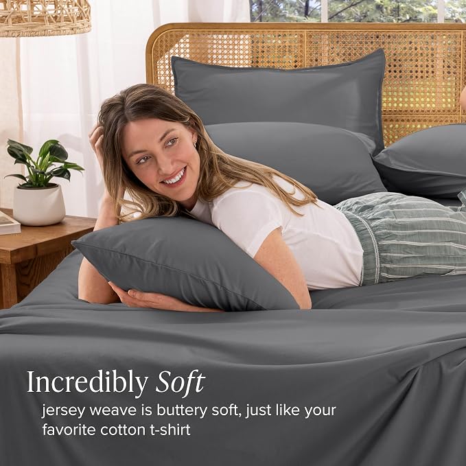Bare Home 100% Organic Cotton Jersey Sheet Set, Ultra Soft, 100% Cotton - Sheet Set & Pillowcases - Deep Pocket Bed Sheets (Full, Grey)