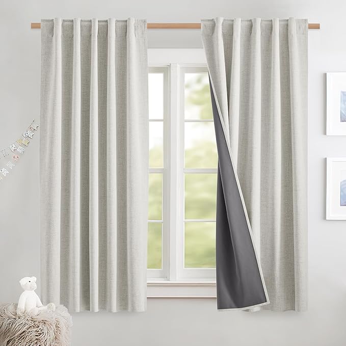 NICETOWN 100% Blackout Curtains 63 inches Long 2 Panels, Thermal Insulated Short Curtains with Liner for Bedroom, Linen Blend Farmhouse Style Privacy Window Draperies, Alabaster Gray, W42 per Panel