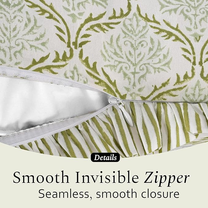 CPC Fern Regal Hand Block Print 100% Cotton Ruffle Throw Pillow Cover 24x24 inch with Hidden Zipper Decorative for Couch, Bed, Sofa, Farmhouse, Cottagecore Decor Gift Christmas Fall Thanksgiving