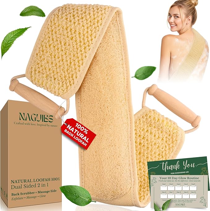 Premium Egyptian 100% Natural loofah with Handle Back Scrubber for Shower and Massage exfoliating Body Scrubber loofah for Men and Women Back Scratcher washers for Shower loofa Clean Your Back Deeply