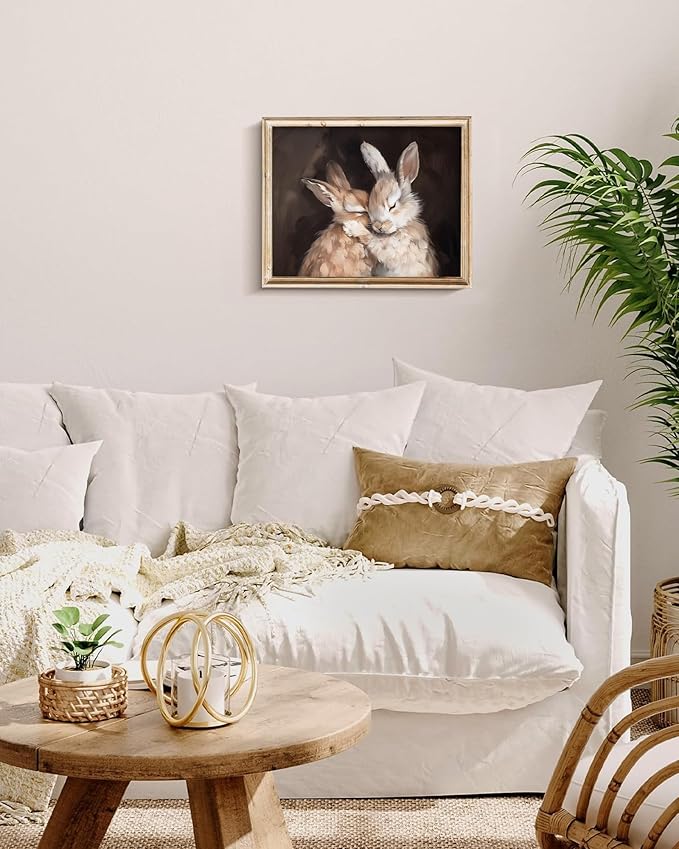 Vodefoad Hugging Rabbit Retro Vintage Canvas Wall Art Cute Rabbits Wall Art Oil Painting | Rabbit Friends | Antique Vintage Print | Bunny Poster | Nursery Decor - 8x10Inch Unframe