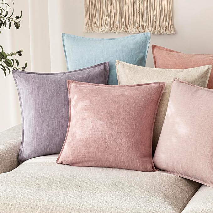 Foindtower Pack of 2, Decorative Linen Soild Throw Pillow Covers Soft Accent Cushion Euro Case Boho Farmhouse Pillowcase for Chair Couch Sofa Bedroom Living Room Home Decor 22 x 22 Inch Rose Pink