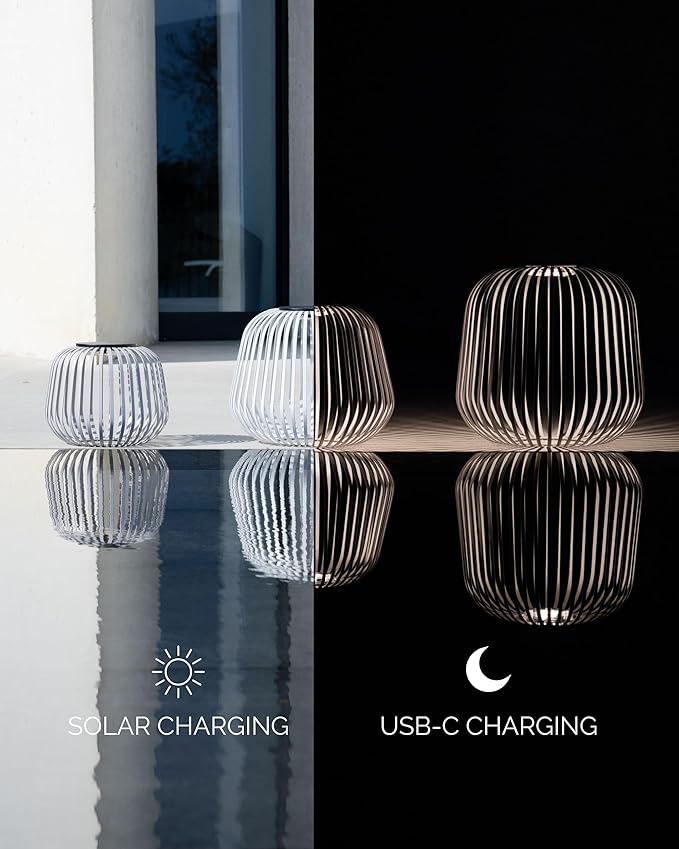 LUUK Studio Solis Wireless Solar LED Accent Lamp, Warm White Dimmable Light, Water Resistant, Indoor Outdoor Use, USB-C Rechargeable, Living Room, Patio, Soft Luxury Style, White, Size L