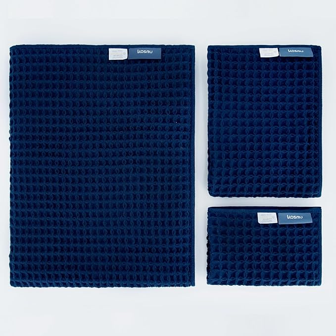 Luxury Organic Japanese Cotton Waffle Bath Towel | Thick, Absorbent, Quick Dry Bathroom Towels for Shower, Sauna, Onsen| Hotel & Spa Quality, Gift-Ready (Ocean Blue, Bath Sheet Set (3-Piece))