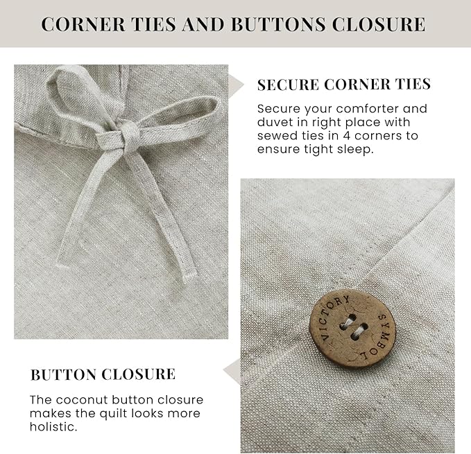 S VICTORY SYMBOL 100% Organic Linen Duvet Cover Set King Size 3pcs,French Washed Flax Solid Color Bedding(1 Duvet Cover &2 Pillowcases) with Coconut Button Closure(Natural Linen)