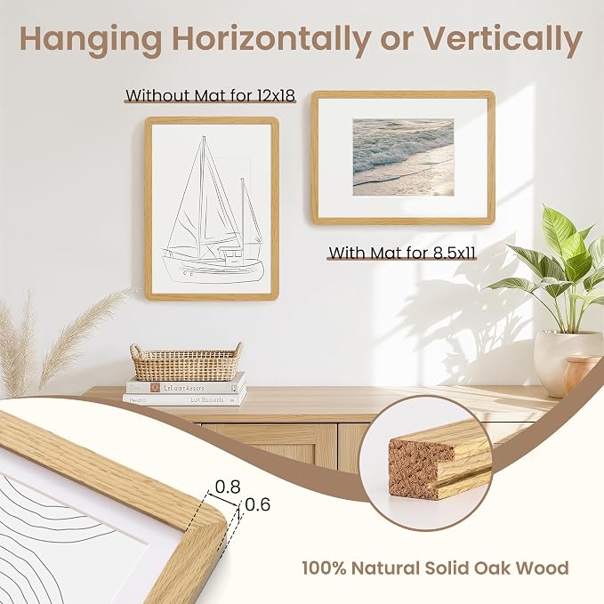 Fun Memories 12x18 Picture Frame - Solid Oak Wood Poster Frame, 12x18 Photo Frame with Mat for 8.5x11, 12 By 18 Wooden Picture Frame, Horizontal or Vertical Wall Display, Natural Oak