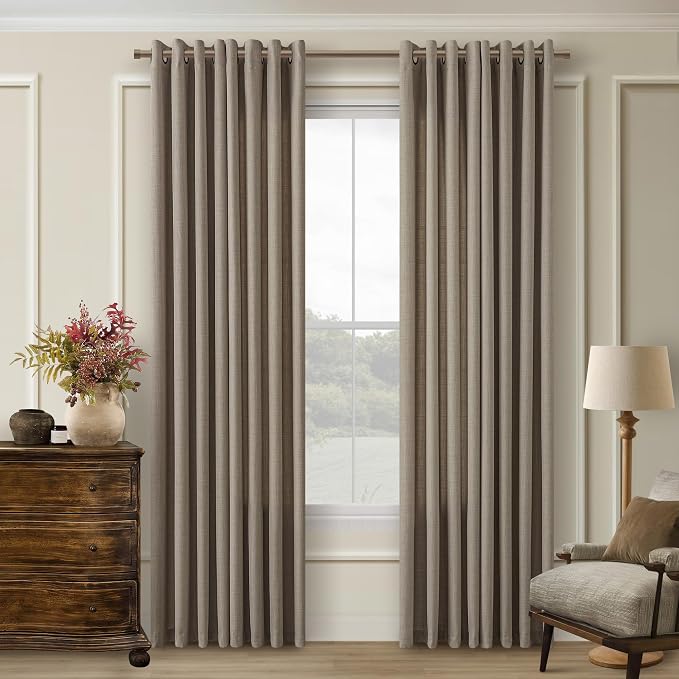 Tab Brown Neutral Linen Curtains Bronze Grommet Semi Sheer Non See Through Privacy Flax Burlap Drapes Cottagecore Boho Farmhouse Bay Window Curtains 90 Inches Long for Living Room Bedroom 52x90