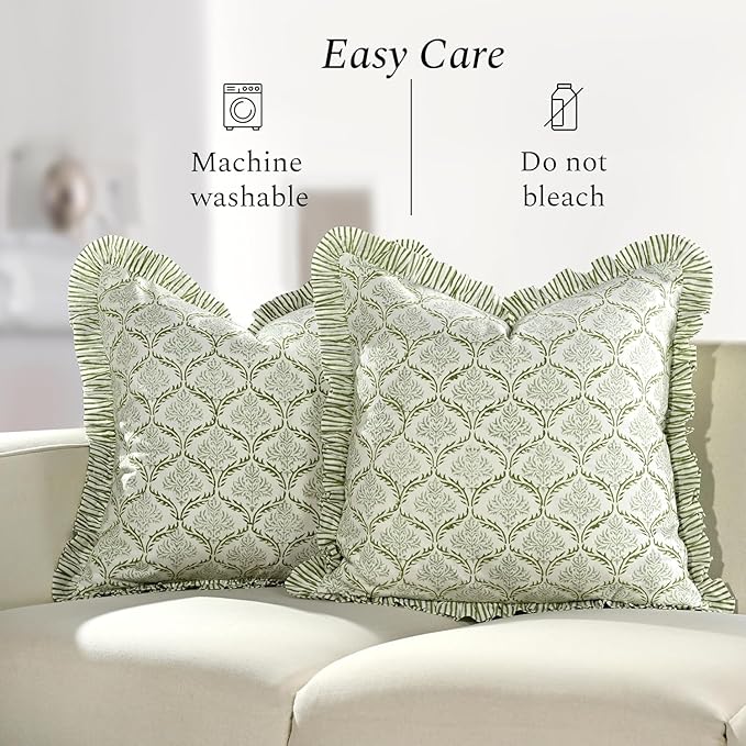 CPC Fern Regal Hand Block Print 100% Cotton Ruffle Throw Pillow Cover 24x24 inch with Hidden Zipper Decorative for Couch, Bed, Sofa, Farmhouse, Cottagecore Decor Gift Christmas Fall Thanksgiving