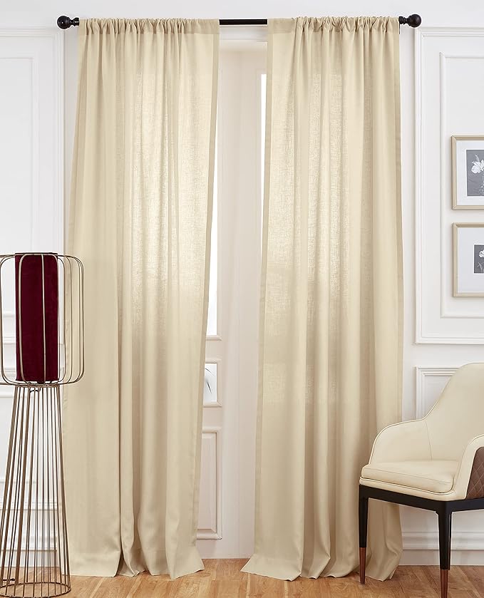 Solino Home European Flax Linen Curtain Beige, 52 x 96 Inch Light Filtering Rod Pocket Curtain 96 Inch, 100% Pure Linen Window Treatment for Living Room, Bedroom - 1 Panel