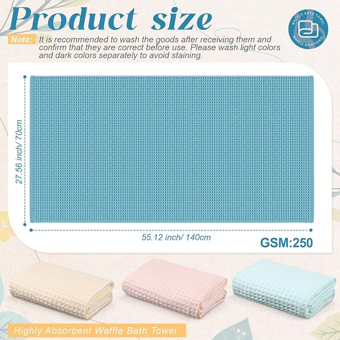 SmoothNovelty 4 Pack 100% Cotton Waffle Bath Towels 28 x 55 Inch Oversize Waffle Towel Quick Dry Absorbent Soft Lightweight Blanket for Bathroom Shower Spa Yoga Beach Pool Travel, Blue, Pink, White