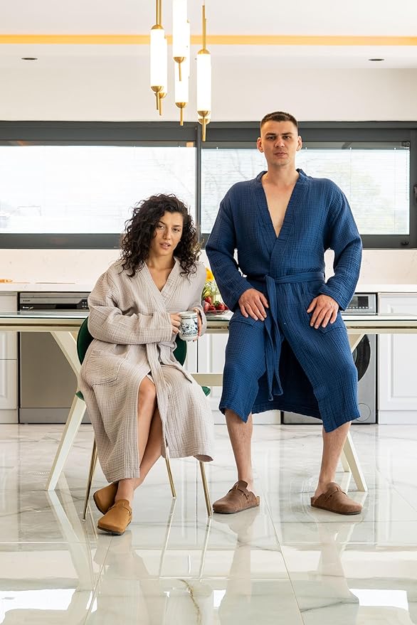 Muslin Unisex Bathrobe Women & Men, 100% Cotton Kimono Lightweight Robe | Long Robes Soft, Absorbent, Spa robes