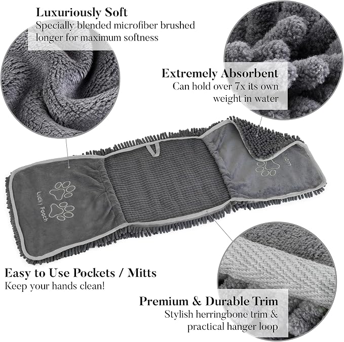 Lucky Pooch® Super Absorbent Shammy Dog Towel - Luxuriously Soft Hand Pockets – 34.5x12.5in – Quick Drying Microfiber Dog Bath Towel – Durable Dog Towels for Drying Dogs (Pack of 1, Teal)