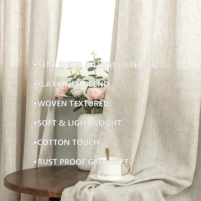 Pitalk 63 Inch Length Linen Curtains for Bedroom 2 Panel Set Natural Crude Tan Beige Flax Rustic Textured Light Filtering Semi Blackout Sheer Farmhouse Style Living Room Curtains for Windows