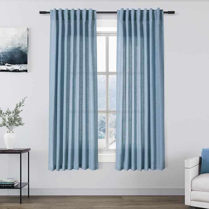 Nanspring Blue Linen Curtains 63 Inches Length 2 Panels Set for Living Room Back Tab Pocket Modern Light Filtering Semi Sheer Drapes Cotton Linen Textured Dusty Blue Window Curtain 52X63 Inches