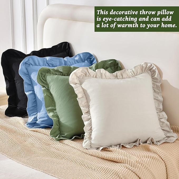 AmHoo Pack of 2 Throw Pillow Covers 100% Cotton Pre Washed Ruffle Decorative Pillowcase Cushion for Couch Sofa Bedroom 20 x 20-Inch Sage Green