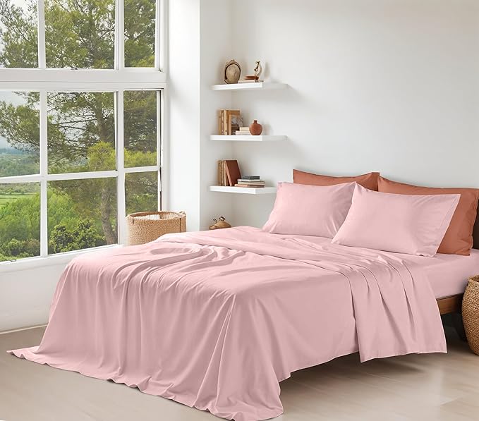 RUVANTI 100% Cotton Organic Percale Sheets Queen Size – Crisp Cooling Bed Sheets for Hot Sleepers, Deep Pocket 15”, Soft Peach Finish, Breathable & Durable Hotel-Style 4 Pcs, Peach Skin