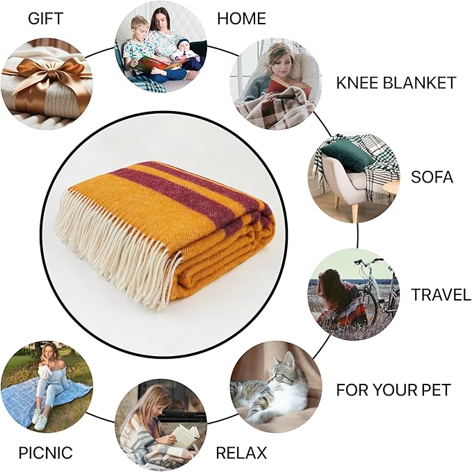 New Zealand Virgin Wool Throw Blanket, Indoor & Outdoor Blankets and Throws, Striped Soft Blanket with Fringes, 55 x 79 in (140 x 200 cm), Mustard Red