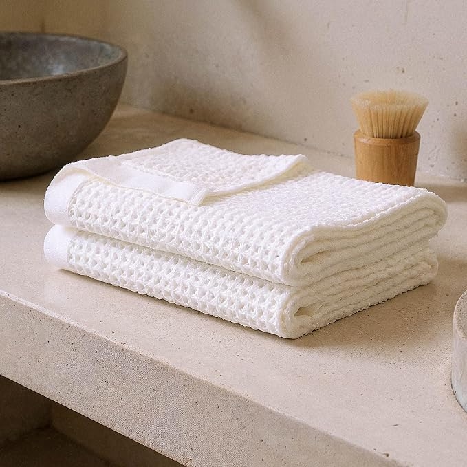 Italic Sedona Waffle Hand Towels – 410 GSM 100% Cotton, Set of 2, Lightweight, Quick-Drying & Textured Towels, White