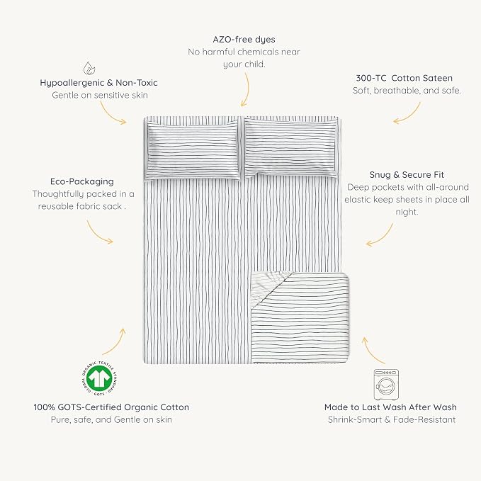 MakeMake Organics Organic Twin Fitted Sheet Set GOTS Certified Organic Cotton Fitted Sheet with 1 Pillowcase Ultra Soft Non Toxic Breathable Hypoallergenic (40"X76", Navy Stripes)