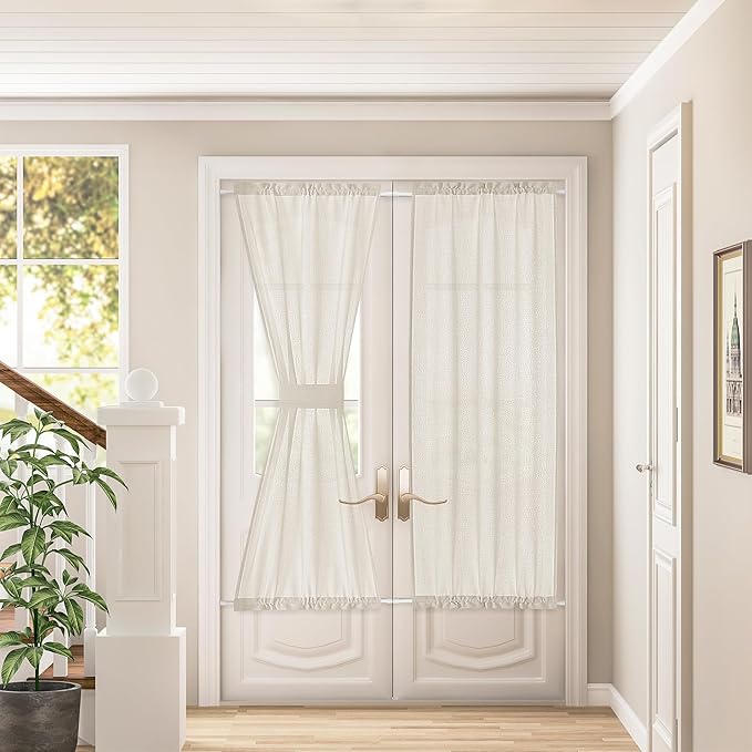 2 Pieces French Door Curtain Linen Light Through W50 x L72 for Bedroom Kitchen Room 2 Tiebacks Semi Sheer Natural Door Curtains Wrinkle Free Chic Semi Transparent Linen Dual Rod Pocket