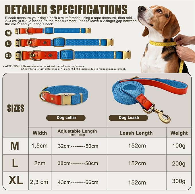 Dog Collar and Leash Set with Metal Quick Release Buckle, Adjustable, Breathable Nylon, Durable, Soft and Comfortable, No Pull for Walking and Training, Blue, L (14.9"-22.8")