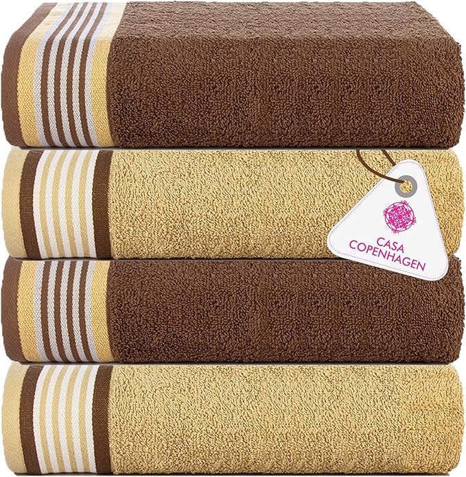CASA COPENHAGEN He & She 4Pcs 100% Egyptian Cotton Large Designer Towels Gift Set- Brown - Beige, 550 GSM, 55"x27", 4Bath Towels for Bathroom (Box Pack, Set for Women & Men)