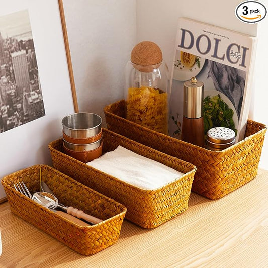 Seagrass Storage Basket, Stackable Open Woven Baskets Bins Container for Organizing Shelves Bedroom Living Room, Set of 3, Natural