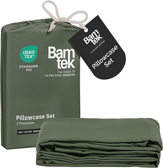 Pillow Cases Queen Size Set of 2 Pillowcases 100% Viscose from Bamboo Cooling Pillowcases, Soft & Breathable Pillow Case with Envelope Closure, Green Pillow Cases (Moss)