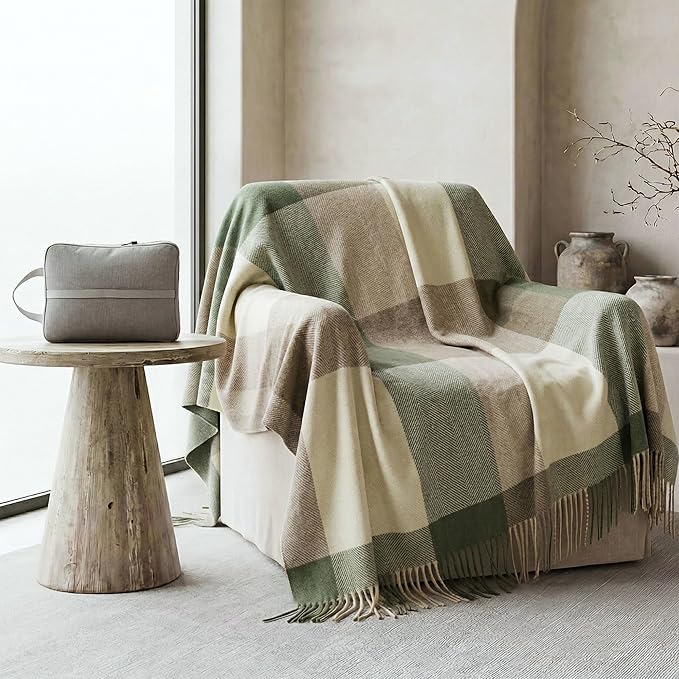 Soft Pure Wool Throw Blanket, Lightweight Warmth, 55"x83" with Fringe, Compact with Bag, Useful Gift for Women Men, All Season Decorative Cozy Travel Blanket for Couch Bed, Outdoors
