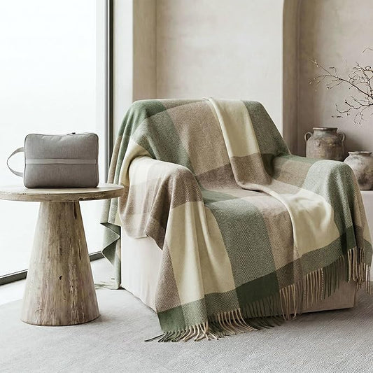 Soft Pure Wool Throw Blanket, Lightweight Warmth, 55"x83" with Fringe, Compact with Bag, Useful Gift for Women Men, All Season Decorative Cozy Travel Blanket for Couch Bed, Outdoors