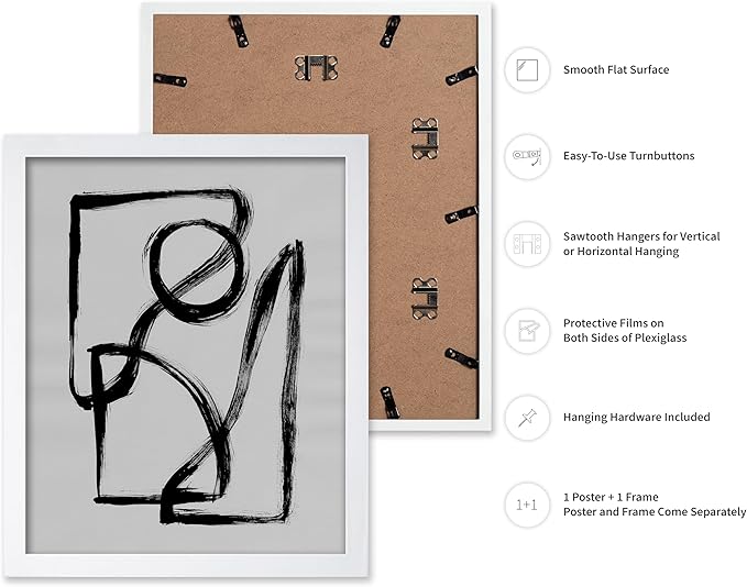 Monem Art Black and White Abstract Line Art Print - Minimalist Monochrome Brushstroke Art Poster - Wall Decor for Living Room, Bedroom or Office - 8x10 White Framed Wall Art by Mareike Bohmer