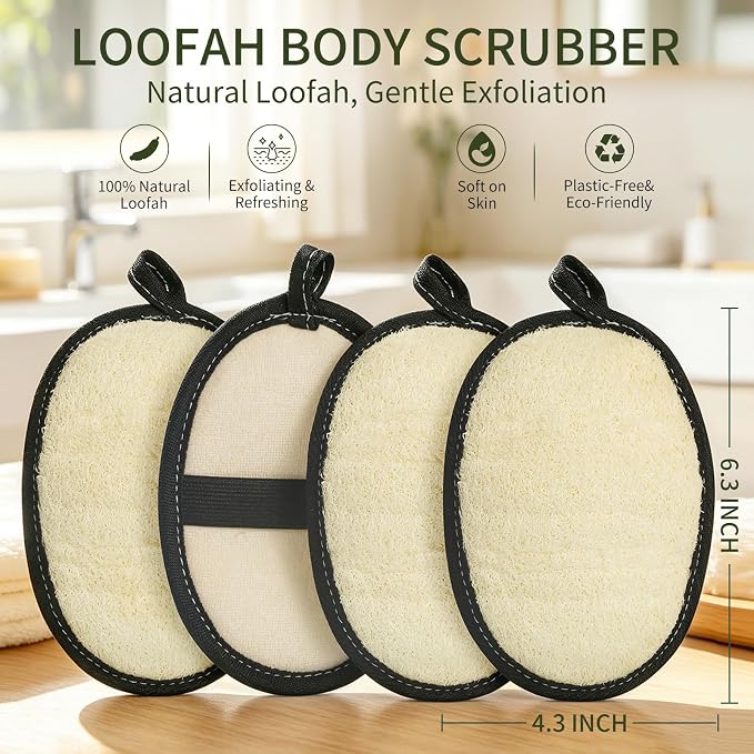 SAMEBUTECO 4 Pack Natural Loofah Body Scrubber-Exfoliating Bath Loofah Set with Black Edging and Hanging Loops for Men and Women,Ideal for Pore Cleansing,Shower,Skin Smoothing