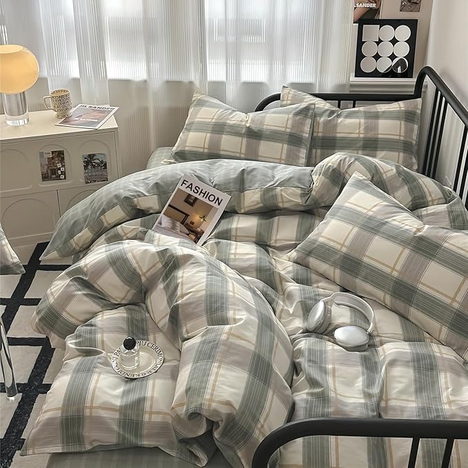 mixinni Green Grid Duvet Cover Set Twin - Vintage Buffalo Plaid Bedding Set-Green &Yellow&Beige, Soft Cotton Geometric Checkered Bedding Set with 2 Pillowcases for Boys, Girls, Teens