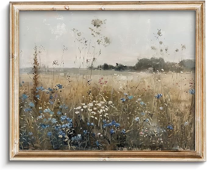 Vodefoad Wildflower Field Landscape Oil Painting, Vintage Spring Landscape Print, Cottagecore Landscape Wall Art, Retro Blue Wildflower Wall Art, Retro Botanical Art, Summer Spring Canvas Decor for Gallery Home Bedroom Farmhouse Bedroom - 8x10Inch Unframe
